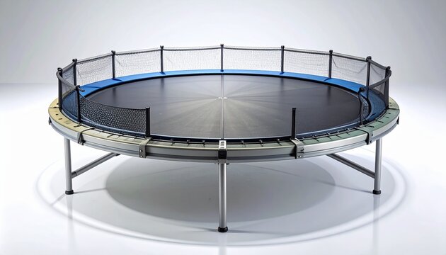 Large outdoor round trampoline with safety net enclosure for recreational jumping and exercise. Fun backyard play equipment for kids and adults, shown in a studio shot isolated on a white background.