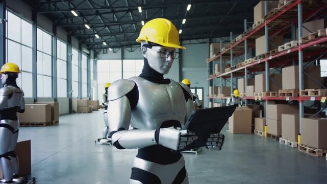 Humanoid robots working in automated logistics warehouse. Silver androids in yellow hard hats moving cardboard boxes while lead robot monitors data on digital tablet. Static medium shot.
