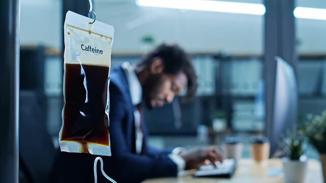 Caffeine coffee IV drip bag with stressed employee, Exhausted Workaholic, Energy Addiction Infusion, Office Burnout