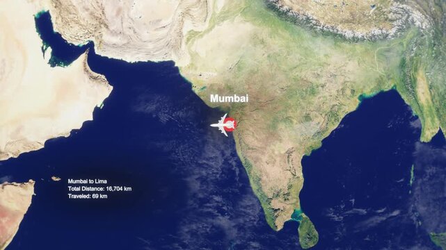 3D Earth Flight Route Mumbai To Lima With Dotted Path And HUD Data