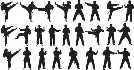 Black silhouette set of male and female martial artists performing karate kicks, strikes, and defensive fighting stances, isolated on white. © Creative_Solution