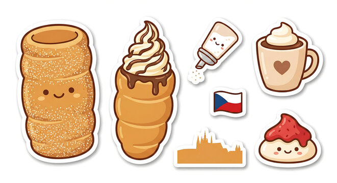 Cute Czech Trdeln&iacute;k Sticker Pack &ndash; Chimney Cake and Prague Dessert Flat Illustration Set