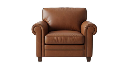 Fototapeta premium Front view of a plush, brown leather armchair with rolled arms, isolated on black