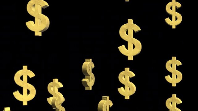 3D dollar signs pop up animation. Gold USD currency symbols flying in space. Financial success and growth, stock market and exchange. Transparent Background, Alpha Channel, MOV, 60 fps.