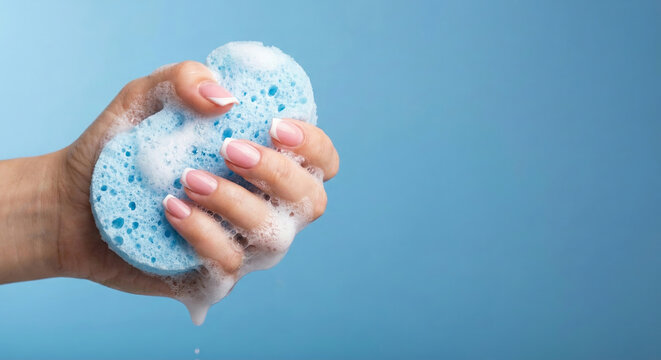 Female hand with beautiful manicure holds sponge with foam, close-up. Hand and light blue shower sponge in white foam on blue background. Hygiene product. Free space on the right
