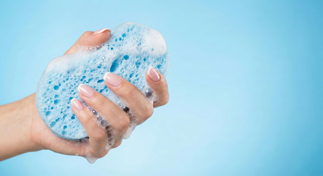 Female hand with beautiful manicure holds sponge with foam, close-up. Hand and light blue shower sponge in white foam on blue background. Hygiene product. Free space on the right