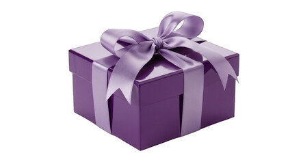 Obraz premium Glossy purple gift box with matching ribbon and bow, presented on a black background