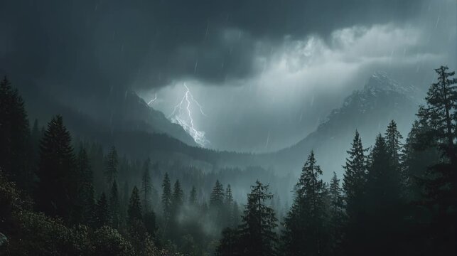 Misty mountain forest under dark storm clouds with layers of pine trees fading into fog creating dramatic and atmospheric landscape.