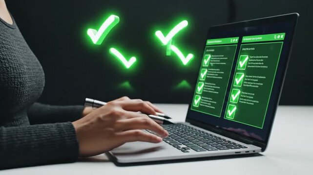 Dynamic video footage capturing a professional woman completing digital tasks using a modern laptop displaying green checkmarks for confirmation.