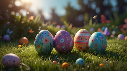A row of colorful painted Easter eggs nestled in a lush green meadow under bright morning sunlight. Spring holiday celebration concept