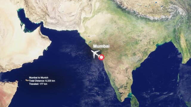 3D Earth Flight Route Mumbai To Munich With Dotted Path And HUD Data