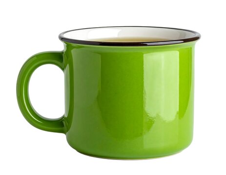 Green mug with black trim and white interior, filled with light liquid on a white background
