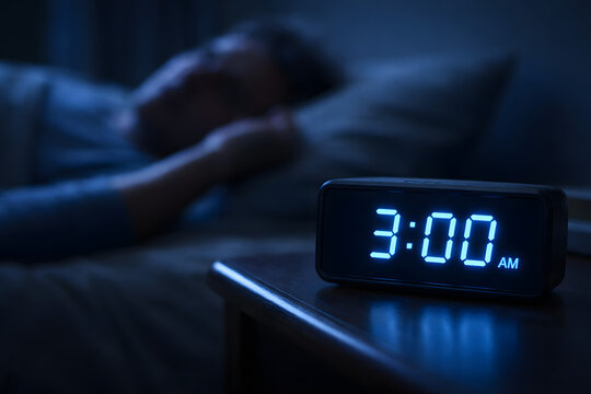 Close-up of a glowing digital alarm clock at 3:00 AM with an awake person blurred in the background, capturing insomnia, sleepless nights, and modern sleep disorder in a calm blue night atmosphere.
