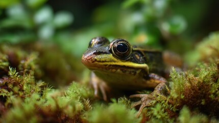 Obraz premium A frog is resting on lush green moss in a forest. It has bright eyes and blends into the natural setting. Sunlight filters through the leaves creating a vibrant scene.