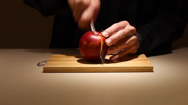 Man cutting fresh apple and removing core, healthy food preparation close up