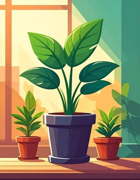 Three potted plants with broad, green leaves sit by a bright, sunlit window