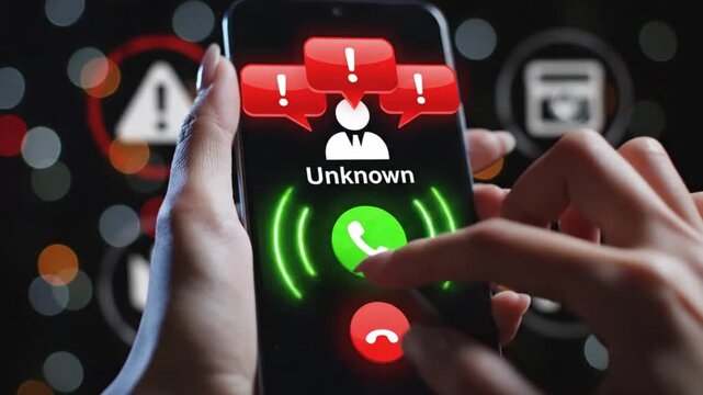 Animated video footage illustrates a person's hand tapping the green answer button on a smartphone screen, receiving an unknown call, signaling potential scam or spam alerts.