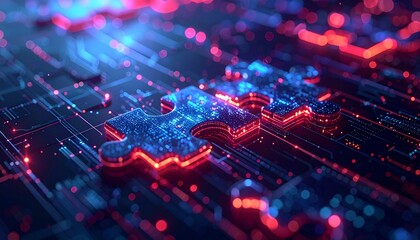 Abstract Puzzle Pieces with Glowing Edges and Circuit Board Design.