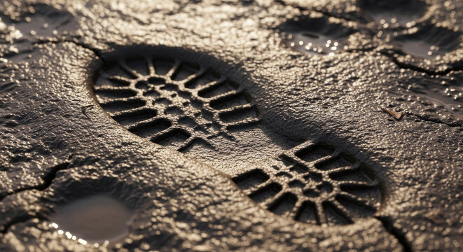 Close-up of worn boot print in muddy texture