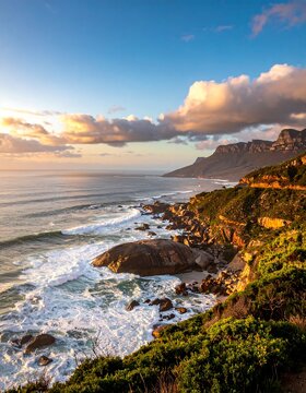 Coastal cliffs meet ocean waves, golden light over water, mountains in distance, greenery in foreground