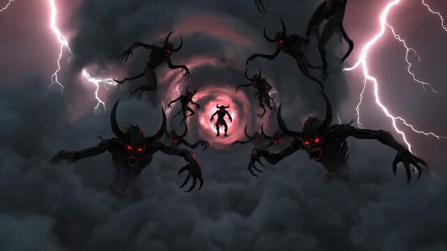 Demonic horde with glowing red eyes and horns, swirling in a dark, stormy vortex with lightning.