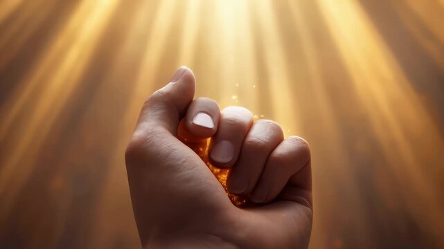 Human hand catching glowing particles under divine light rays. Lockdown close-up shot.