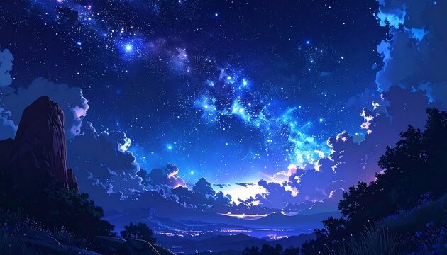 Celestial splendor; night sky filled with stars & swirling nebula over soft clouds & distant landscape