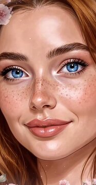 Close Up Portrait of Beautiful Woman with Blue Eyes and Freckles