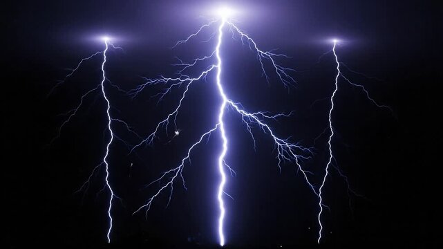 Dramatic Lightning Strike on Dark Night Sky, Electrical Storm Power