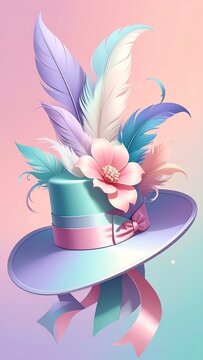 Pastel hat with feathers and a flower, soft colors