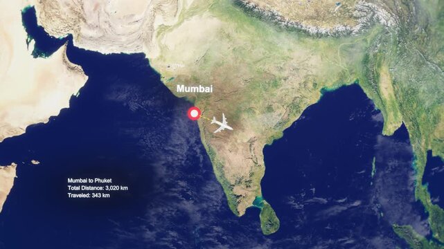 3D Earth Flight Route Mumbai To Phuket With Dotted Path And HUD Data
