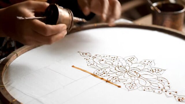 Artisan meticulously applying intricate floral pattern with wax on silk canvas