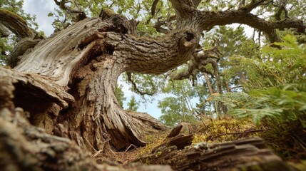Fototapeta premium A thick tree trunk rises from the ground. Green leaves cover the branches while sunlight filters through the forest. The scene shows the natural beauty and age of the tree.