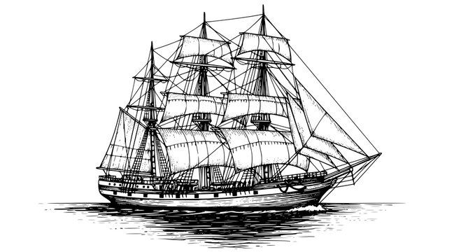 Majestic yacht sailing ship with large sails, cruising on the ocean waves, drawn in an engraved, woodcut style sketch engraving vector illustration. Scratch board. JPEG version.