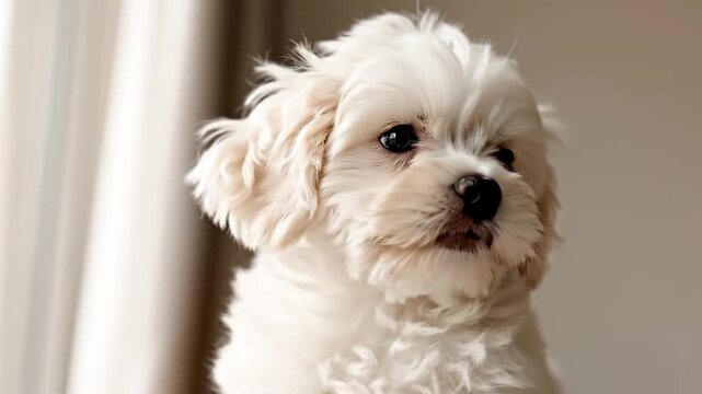 Small cute white puppy looking around at home close up portrait of fluffy maltese or poodle dog indoors