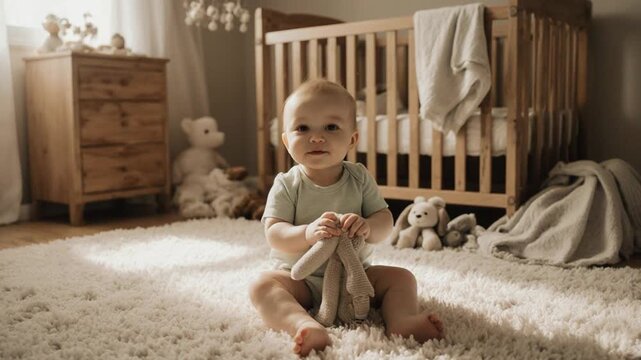 Baby sitting on carpeted floor.