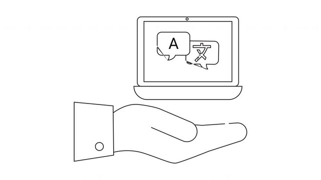 Translation Technology - Laptop and Hand Illustration for Language Services.