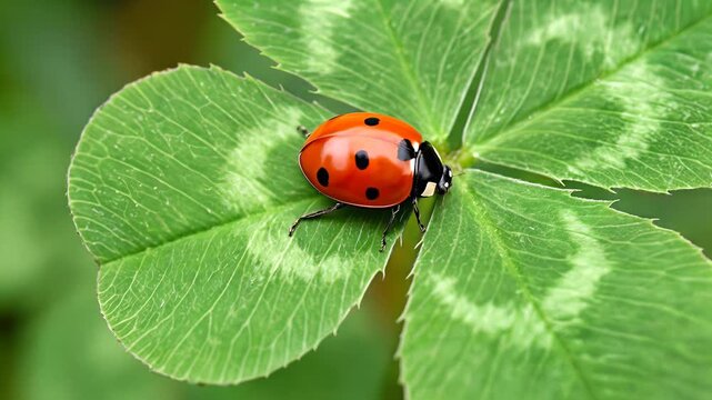 Ladybug crawling on green four-leaf clover. Macro shot of seven-spot ladybird moving across plant leaf. Lockdown shot.