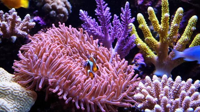 Vibrant tropical coral reef with fish and sea anemones in a blue underwater ocean aquarium scene