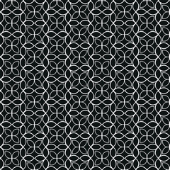 A seamless black and white geometric pattern with interconnected circles