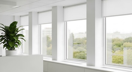 Fototapeta premium Interior view of a bright, modern office space with large windows and a potted plant