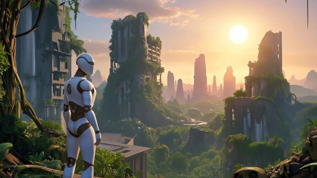 Android observing ruined city overgrown with lush vegetation during sunset. Post-apocalyptic urban landscape with nature reclaiming skyscrapers. Panning and tilting shot.