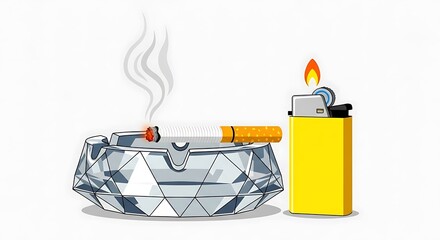 Fototapeta premium Cigarette smoke in crystal ashtray with lighter.