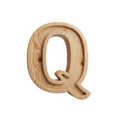 Wooden letter Q, a three-dimensional rendering with a natural wood grain texture.