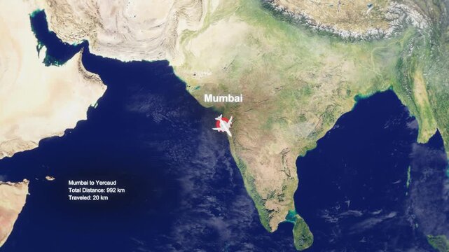 3D Earth Flight Route Mumbai To Yercaud With Dotted Path And HUD Data