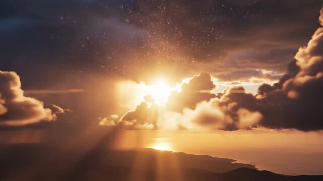 Intense sunset or sunrise view over water illuminating clouds with visible particles