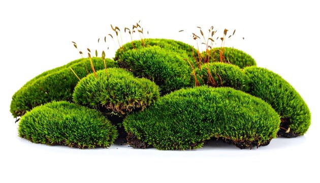 Lush green moss mound with brown stems, isolated on white. Organic, textured, soft appearance
