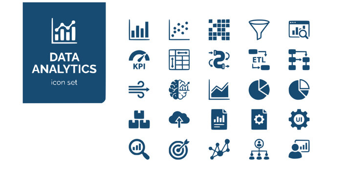 Data Analytics Business Intelligence Flat Icons-Bar Chart Scatter Heatmap Funnel KPI Dashboard Pipeline ETL-20 Analytics Icon Set Vector - BI Icons