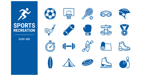 Sports Recreation Flat Icons-Soccer Ball Basketball Tennis Racket Swimming Cycling Golf Skateboard Boxing Climbing-20 Sports Icon Set Vector - Recreation Icons