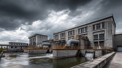 Hydroelectric power plant with industrial concrete structures and stormy sky